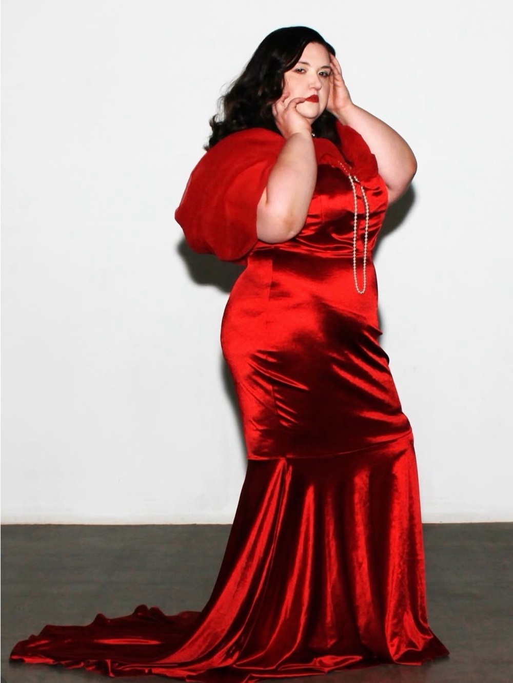 Red Satin Evening Gown with Draped Cape